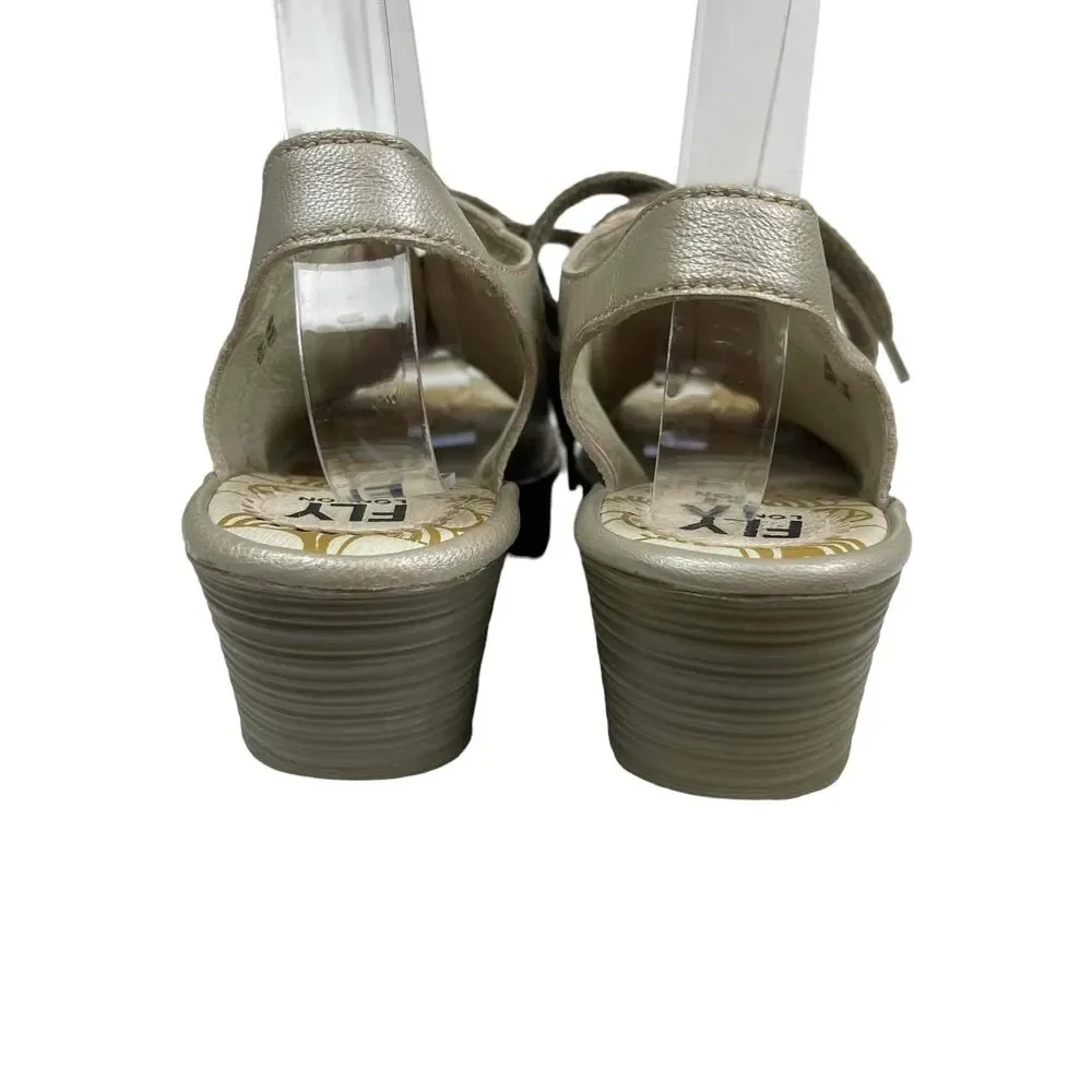 Fly London Womens White Silver Perforated Leather‎ Yuta Wedge Sandals Size 39